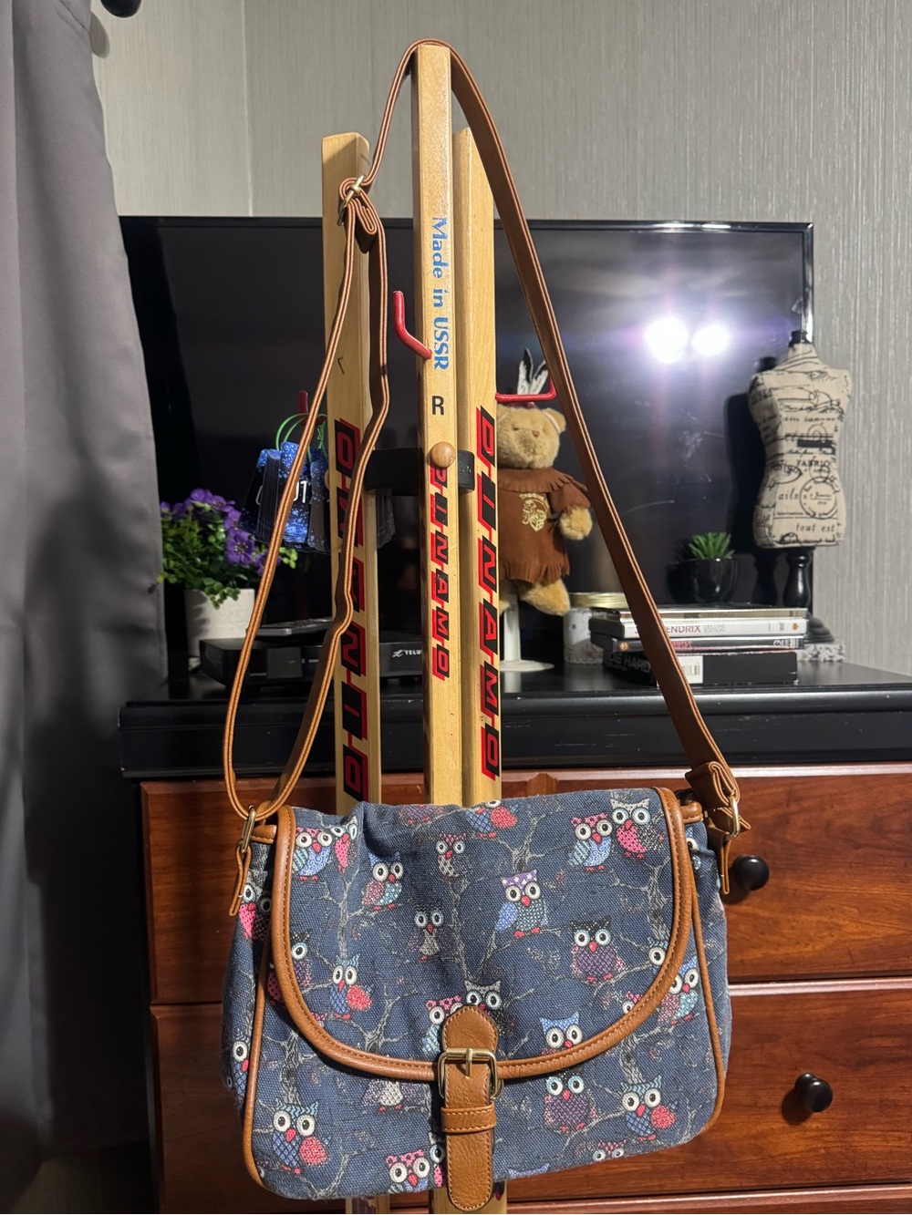 Y2K Canvas Owl Print Crossbody Bag with Tan Trim